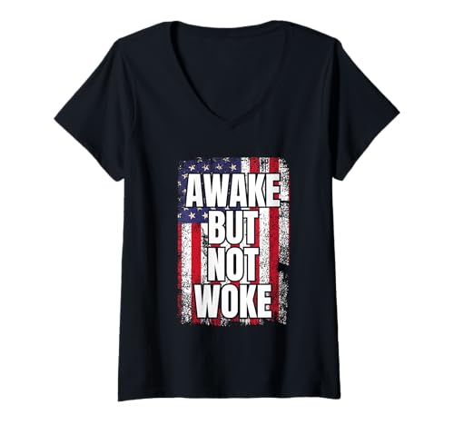 Damen Awake Not Woke Amerikanische Flagge Patriotisch T-Shirt mit V-Ausschnitt von Awake But Not Woke Designs