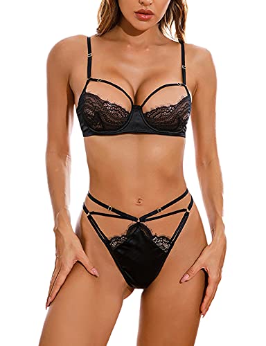 Awake Lingerie Amore Sexy Dessous Set aus Satin und Spitze, Bügel-BH und Riemchen Tanga Luxus Unterwäsche Frauen (Schwarz, L) von Awake Lingerie