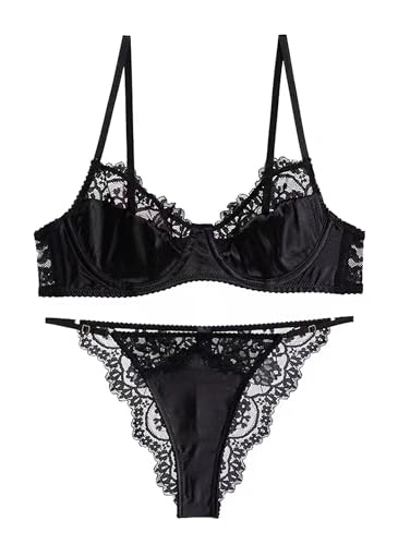 Awake Lingerie Becca Eleganter Satin BH und Spitze String Höschen, Romantische Nachtwäsche Braut Dessous Set Unterwäsche für Frauen (Black, XL) von Awake Lingerie