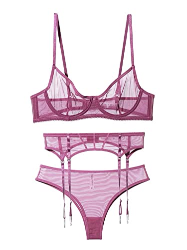 Awake Lingerie Eva Dessous Set 2/3 Teilig Weicher Mesh-BH Slip Strapsen Bequeme Unterwäsche Damen Reizwäsche Negligee (Violett 3PCS, L) von Awake Lingerie