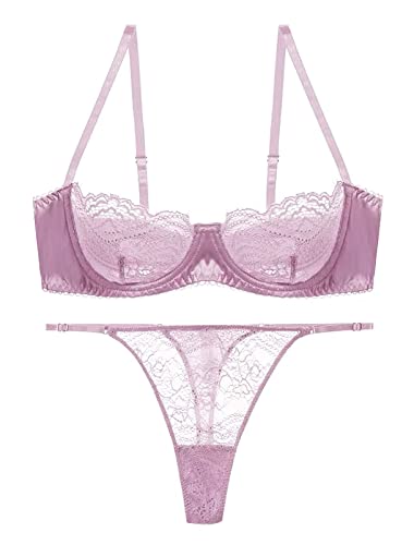 Awake Lingerie Hedy Feminines Dessous-Set aus Satin und Spitze, Demi Cup Unwattierter Bügel-BH und String Unterwäsche, Damen (Rosa, L) von Awake Lingerie