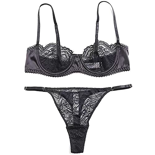 Awake Lingerie Hedy Feminines Dessous-Set aus Satin und Spitze, Demi Cup Unwattierter Bügel-BH und String Unterwäsche, Damen (Schwarz, L) von Awake Lingerie