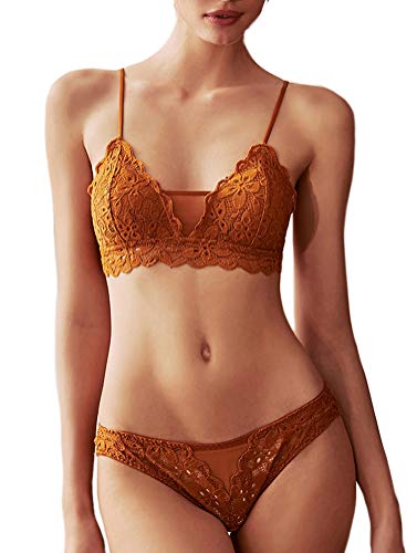 Awake Lingerie Juno Spitzen-BH Bralette ohne Bügel mit Applikationen und Slip, Luxus Elegante Dessous-Set, Damen (Gold Ochre, X-Large) von Awake Lingerie