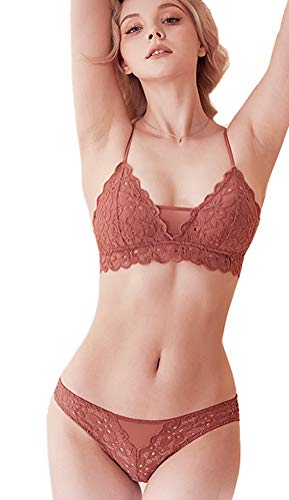 Awake Lingerie Juno Spitzen-BH Bralette ohne Bügel mit Applikationen und Slip, Luxus Elegante Dessous-Set, Damen (Romantic Coral, X-Large) von Awake Lingerie