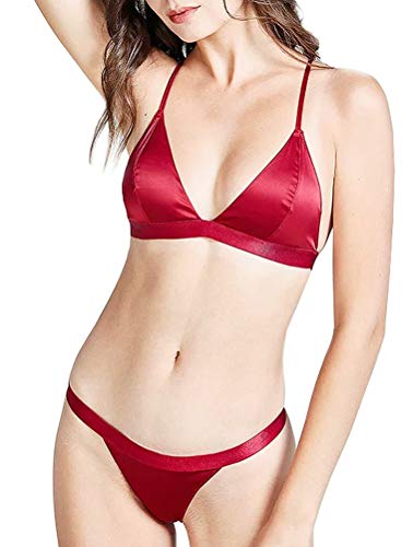 Awake Lingerie Klassisches Satin Bralette Set – Damen Sexy BH Soft Cups ohne Wattierung und Seide Slip Bikini Tanga Riemchen Criss Cross Back von Awake Lingerie