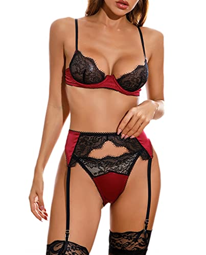 Awake Lingerie Lexie Damen Dessous Set 3 Pcs in Satin und Spitze - Unwattierter Bügel-BH Slip und Strapse Sexy Nachtwäsche (Rot, L) von Awake Lingerie