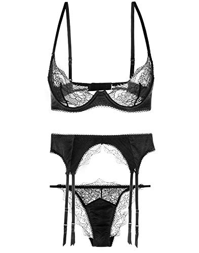 Awake Lingerie Lexie Damen Dessous Set 3 Pcs in Satin und Spitze - Unwattierter Bügel-BH Slip und Strapse Sexy Nachtwäsche (Schwarz, L) von Awake Lingerie