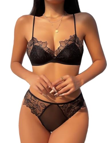 Awake Lingerie Lola Blume Spitze Satin Bralette Frauen romantische Unterwäsche Set ohne Bügel BH und Höschen Chic Dessous Set Nachtwäsche (Schwarz, L) von Awake Lingerie