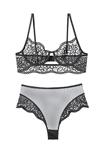 Awake Lingerie Reborn Sexy Unterwäsche Charmanter BH und Höschen-Set, Dessous aus Blumenspitze, Bequeme Nachtwäsche für Frauen (Fairy/Schwarz, L) von Awake Lingerie