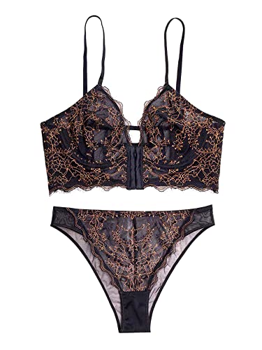 Awake Lingerie Signature Damen Elegantes Dessous-Set Longline-Bügel-BH und Höschen Blumenspitze Unterwäsche Träger Details (Schwarz, M) von Awake Lingerie