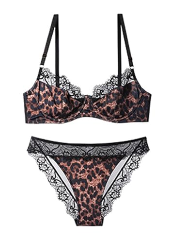 Awake Lingerie Striking Leopard sexy Dessous-Set Bügel-BH und Tanga-String aus glattem Stoff und Spitze, chic Damen Unterwäsche (Leopard B, M) von Awake Lingerie