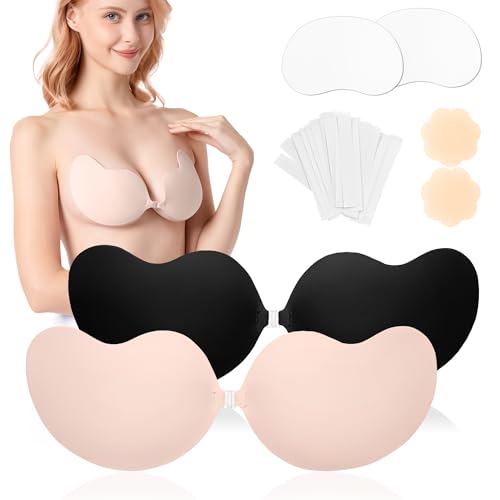 Awant Trägerloser rückenfreier klebriger Push-Up-BH, unsichtbarer Klebe-BH für Frauen, wiederverwendbar, mit Brustwarzenabdeckungen, Beige+Schwarz, A von Awant