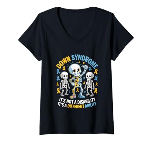 Damen Down Syndrome Unterschiedliche Fähigkeit Skelett Nachricht T-Shirt mit V-Ausschnitt Damen Down Syndrome Unterschiedliche Fähigkeit Skelett Nachricht T-Shirt mit V-Ausschnitt von Awareness Support Empowerment Inclusion