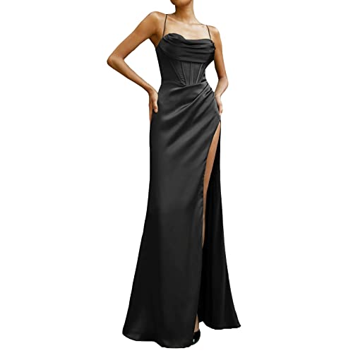 AwayHome Damen-Abschlussballkleid aus Satin, lang, Sommer, Spaghettiträger, ärmellos, rückenfrei, figurbetont, hoher Schlitz, gerüscht, Cocktailabend, Party, Maxikleid, formelle Kleider von AwayHome