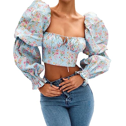 AwayHome Damen-Bluse mit Blumendruck, Puffärmeln, bauchfrei, Sommer, schulterfrei, tief geschnitten, Kordelzug, quadratischer Ausschnitt, schlanke Boho-Smok-Hemden, Blusen von AwayHome