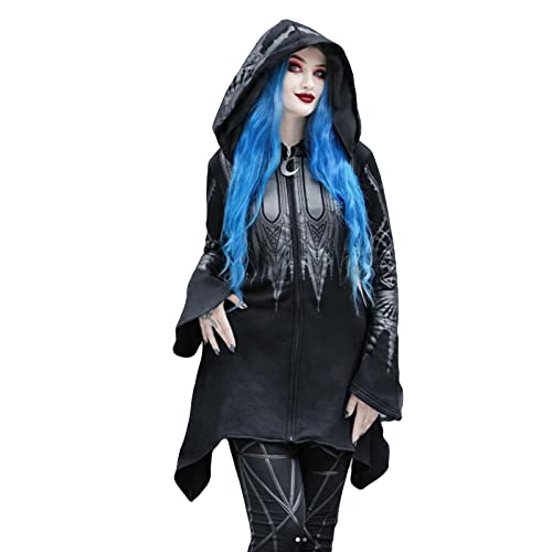 AwayHome Damen Schwarzer Punk Gothic Kapuzenmantel Pullover Cardigan Vintage Langarm Druck Hoodie Jacke Mittellanges Sweatshirt Top von AwayHome