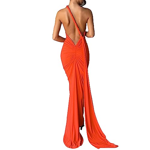 AwayHome Damen Sommer Sexy Rückenfreies Kleid Eine Schulter Ärmellos Offener Rücken Schnürung Elegant Figurbetont Party Club Cocktail Langes Maxikleid von AwayHome