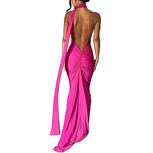 AwayHome Damen Sommer Sexy Rückenfreies Kleid Eine Schulter Ärmellos Offener Rücken Schnürung Elegant Figurbetont Party Club Cocktail Langes Maxikleid von AwayHome