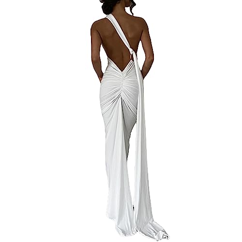 AwayHome Damen Sommer Sexy Rückenfreies Kleid Eine Schulter Ärmellos Offener Rücken Schnürung Elegant Figurbetont Party Club Cocktail Langes Maxikleid von AwayHome