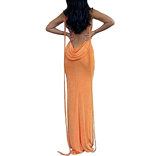 AwayHome Damen Sommer Sexy Rückenfreies Kleid Eine Schulter Ärmellos Offener Rücken Schnürung Elegant Figurbetont Party Club Cocktail Langes Maxikleid von AwayHome