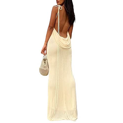 AwayHome Damen Sommer Sexy Rückenfreies Kleid Eine Schulter Ärmellos Offener Rücken Schnürung Elegant Figurbetont Party Club Cocktail Langes Maxikleid von AwayHome