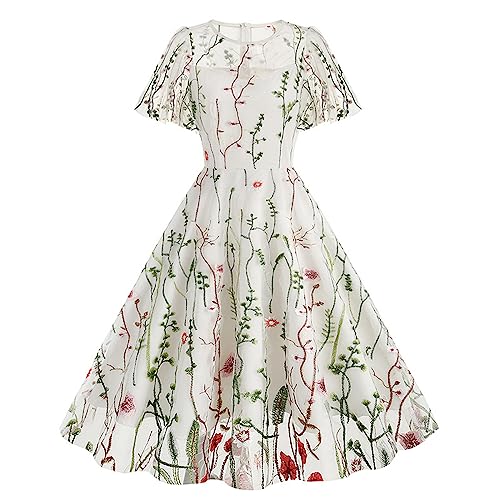 Damen-Kleid mit Blumenstickerei, Sommer, durchsichtiges Netz, Illusion, Vintage-Spitze, Tüll, formeller Cocktail-Abend, fließendes Swing-Midikleid, Hochzeit, Party, Abschlussball von AwayHome