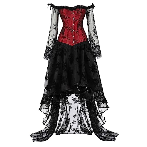 Frauen Steampunk Gothic Kleid Schulterfrei Blumen Langarm Top Spitze Mesh Bustier Korsett mit High Low Rock Outfits Halloween Kostüme von AwayHome