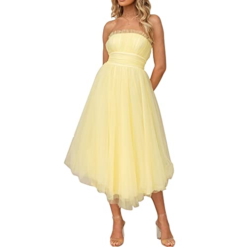 Frauen Trägerlos Schlauch Tüll Kleid Sexy Schulterfrei Ärmellos Rückenfrei Gerüschte Spitze Mesh A-Linie Kleid Formal Abend Party Kleider von AwayHome