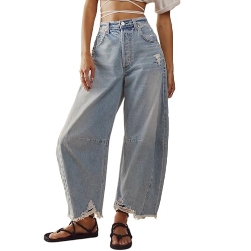 AwayHome Mid Rise Barrel Jeans für Frauen Wide Leg Mid Waist Distressed Raw Hem Loose Cropped Denim Pants Baggy Boyfriend Tapered Jeans with Pockets Vintage Streetwear von AwayHome