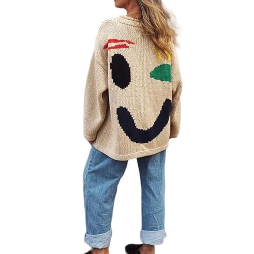 Awayhall Wohlfühl-Strickpullover, farbenfroher, lockerer Damen-Pullover mit Rundhalsausschnitt, lässige, Bequeme Pullover-Oberteile für Paare (Multi Coloured face,XL) von Awayhall