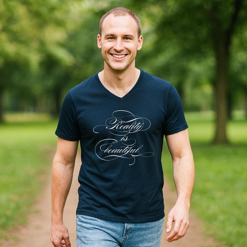 Herren Premium Bio V-Neck T-Shirt, Yoga Boho & Festival Style, Inspirierender Spruch Reality Is Beautiful, Geschenk Mann von AwearApparelShop