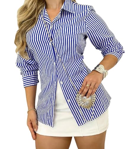 Awemeal Bluse Damen Langarm Shirt Oberteil Casual Streifen Hemd Top V-Ausschnitt Langarmshirt Blusenshirt mit Knöpfen Elegant Arbeit Blusen Hemden (XL, Blau) von Awemeal