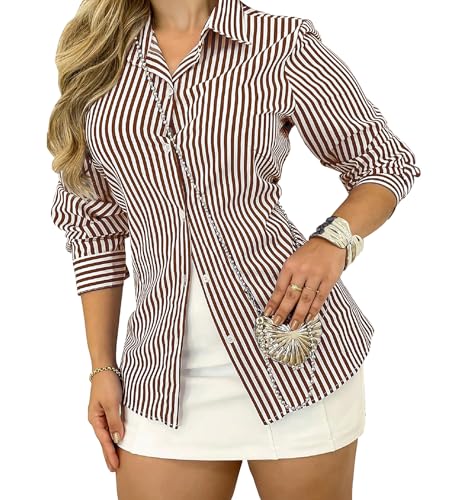 Awemeal Bluse Damen Langarm Shirt Oberteil Casual Streifen Hemd Top V-Ausschnitt Langarmshirt Blusenshirt mit Knöpfen Elegant Arbeit Blusen Hemden (XL, Braun) von Awemeal