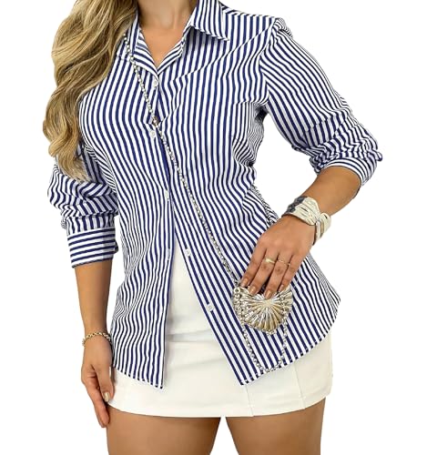 Awemeal Bluse Damen Langarm Shirt Oberteil Casual Streifen Hemd Top V-Ausschnitt Langarmshirt Blusenshirt mit Knöpfen Elegant Arbeit Blusen Hemden (XL, Marineblau) von Awemeal