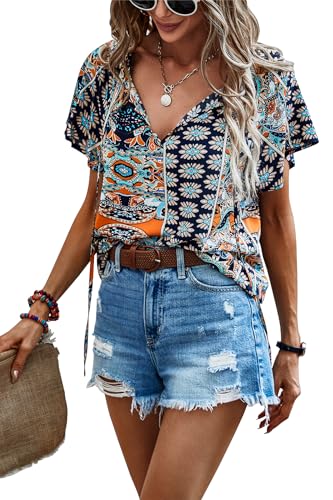 Awemeal Damen Bluse Sommer Rüschen Kurzarm V-Ausschnitt Shirt Boho Drucken Strand Top T-Shirt Casual Lose Tunika Oberteil (M, Navy Blau) von Awemeal