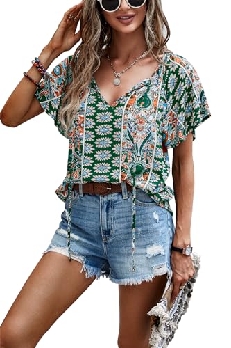 Awemeal Damen Bluse Sommer Rüschen Kurzarm V-Ausschnitt Shirt Boho Drucken Strand Top T-Shirt Casual Lose Tunika Oberteil (S, Grün) von Awemeal