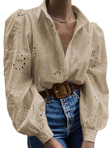 Awemeal Damen Button-Down Bluse Oberteil Aushöhlen Bestickt Langarmshirt Hemdbluse Puff Langarm Shirt Top Elegant Einfarbig Blusenshirt Casual Lose Blusen Hemden (M, Kaffee) von Awemeal