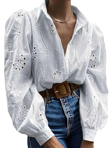 Awemeal Damen Button-Down Bluse Oberteil Aushöhlen Bestickt Langarmshirt Hemdbluse Puff Langarm Shirt Top Elegant Einfarbig Blusenshirt Casual Lose Blusen Hemden (M, Weiß) von Awemeal