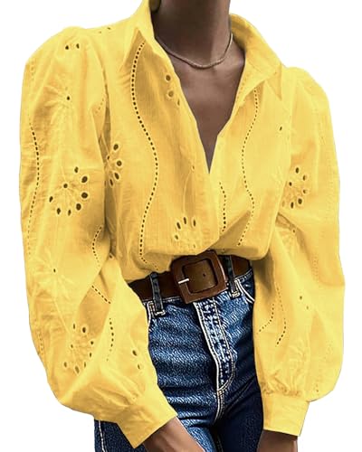 Awemeal Damen Button-Down Bluse Oberteil Aushöhlen Bestickt Langarmshirt Hemdbluse Puff Langarm Shirt Top Elegant Einfarbig Blusenshirt Casual Lose Blusen Hemden (S, Gelb) von Awemeal