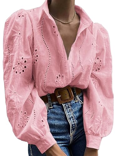 Awemeal Damen Button-Down Bluse Oberteil Aushöhlen Bestickt Langarmshirt Hemdbluse Puff Langarm Shirt Top Elegant Einfarbig Blusenshirt Casual Lose Blusen Hemden (S, Rosa) von Awemeal
