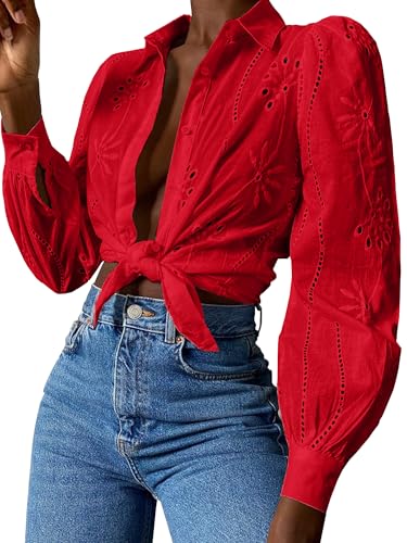 Awemeal Damen Button-Down Bluse Oberteil Aushöhlen Bestickt Langarmshirt Hemdbluse Puff Langarm Shirt Top Elegant Einfarbig Blusenshirt Casual Lose Blusen Hemden (S, Rot) von Awemeal