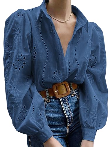 Awemeal Damen Button-Down Bluse Oberteil Aushöhlen Bestickt Langarmshirt Hemdbluse Puff Langarm Shirt Top Elegant Einfarbig Blusenshirt Casual Lose Blusen Hemden (XL, Blau) von Awemeal