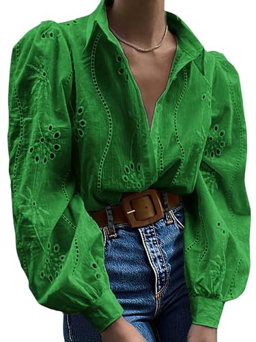 Awemeal Damen Button-Down Bluse Oberteil Aushöhlen Bestickt Langarmshirt Hemdbluse Puff Langarm Shirt Top Elegant Einfarbig Blusenshirt Casual Lose Blusen Hemden (XXL, Grün) von Awemeal