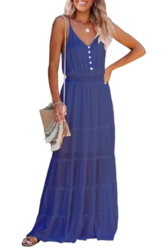 Awemeal Damen Sommer Lang Kleid Sexy V Ausschnitt Sommerkleid Trägerkleid Elegant Hohe Taille Abendkleid Einfarbig Fließend Maxikleid Strandkleid （L, Blau） von Awemeal