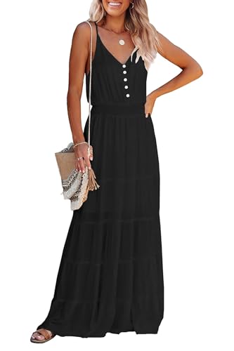 Awemeal Damen Sommer Lang Kleid Sexy V Ausschnitt Sommerkleid Trägerkleid Elegant Hohe Taille Abendkleid Einfarbig Fließend Maxikleid Strandkleid （L, Schwarz） von Awemeal