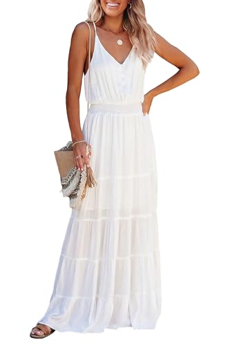 Awemeal Damen Sommer Lang Kleid Sexy V Ausschnitt Sommerkleid Trägerkleid Elegant Hohe Taille Abendkleid Einfarbig Fließend Maxikleid Strandkleid （L, Weiß） von Awemeal