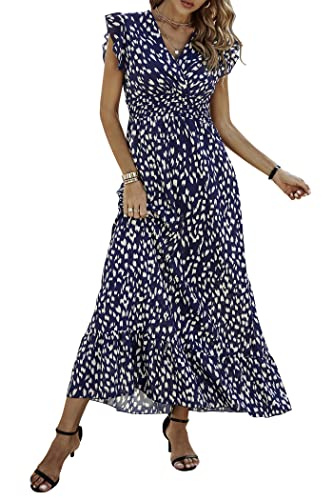 Awemeal Damen Sommerkleid Elegant V-Ausschnitt Maxikleid Drucken Boho Sommer Lang Kleid Flügelärmel Rüsche Strandkleid (as3, Alpha, l, Regular, Regular, Dunkelblau) von Awemeal