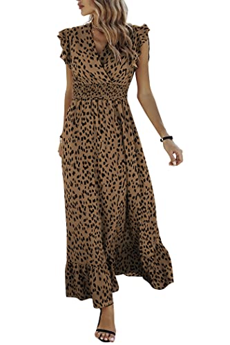 Awemeal Damen Sommerkleid Elegant V-Ausschnitt Maxikleid Drucken Boho Sommer Lang Kleid Flügelärmel Rüsche Strandkleid (as3, Alpha, l, Regular, Regular, Khaki) von Awemeal