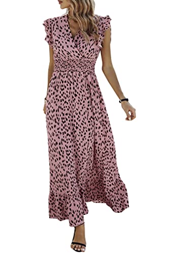Awemeal Damen Sommerkleid Elegant V-Ausschnitt Maxikleid Drucken Boho Sommer Lang Kleid Flügelärmel Rüsche Strandkleid (as3, Alpha, m, Regular, Regular, Rosa) von Awemeal