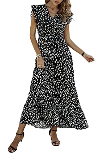 Awemeal Damen Sommerkleid Elegant V-Ausschnitt Maxikleid Drucken Boho Sommer Lang Kleid Flügelärmel Rüsche Strandkleid (as3, Alpha, s, Regular, Regular, Schwarz) von Awemeal